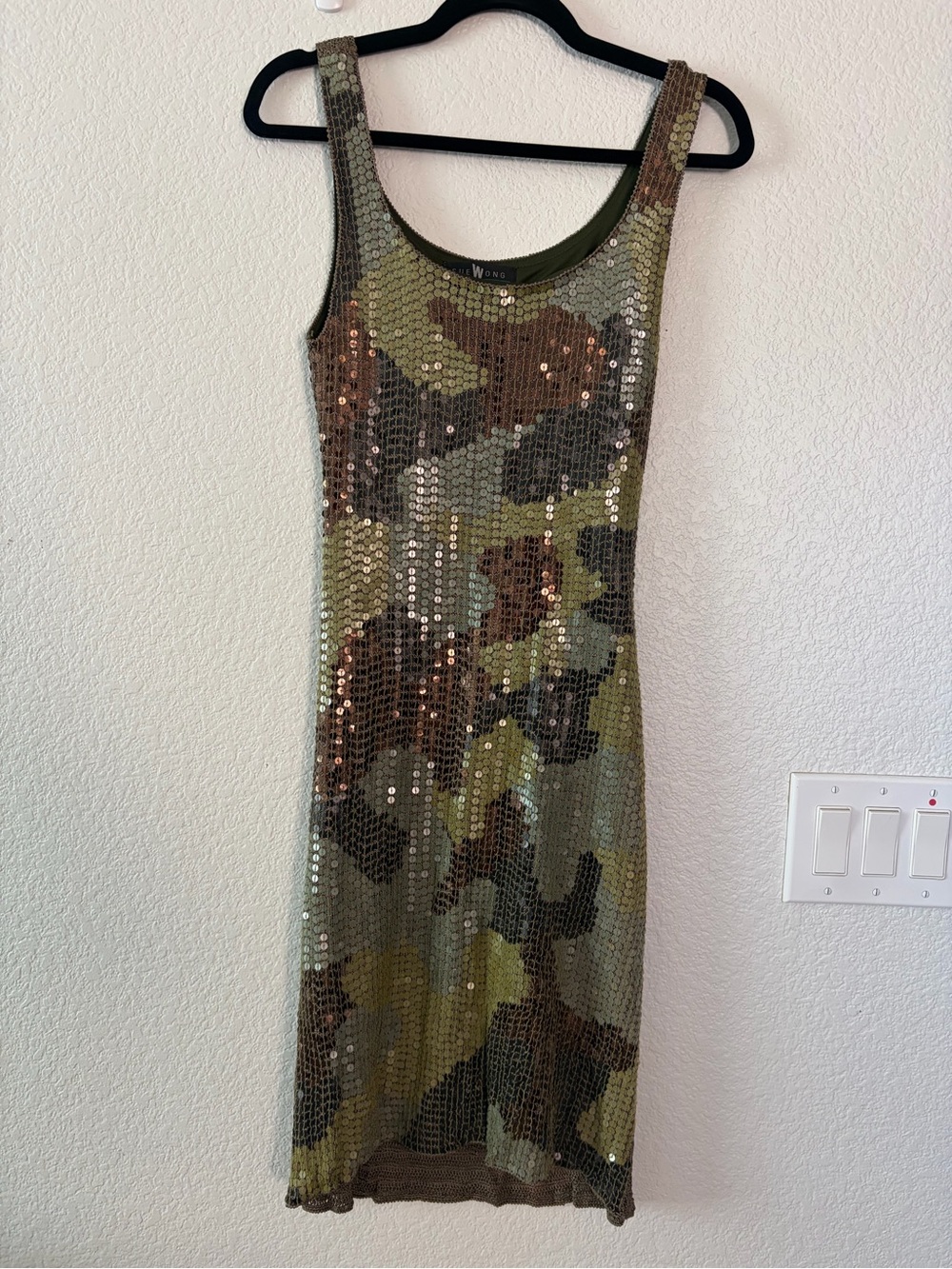 RARE Vintage Sue Wong Dress Womens L Camouflage Sequin Beaded Sleeveless Midi
